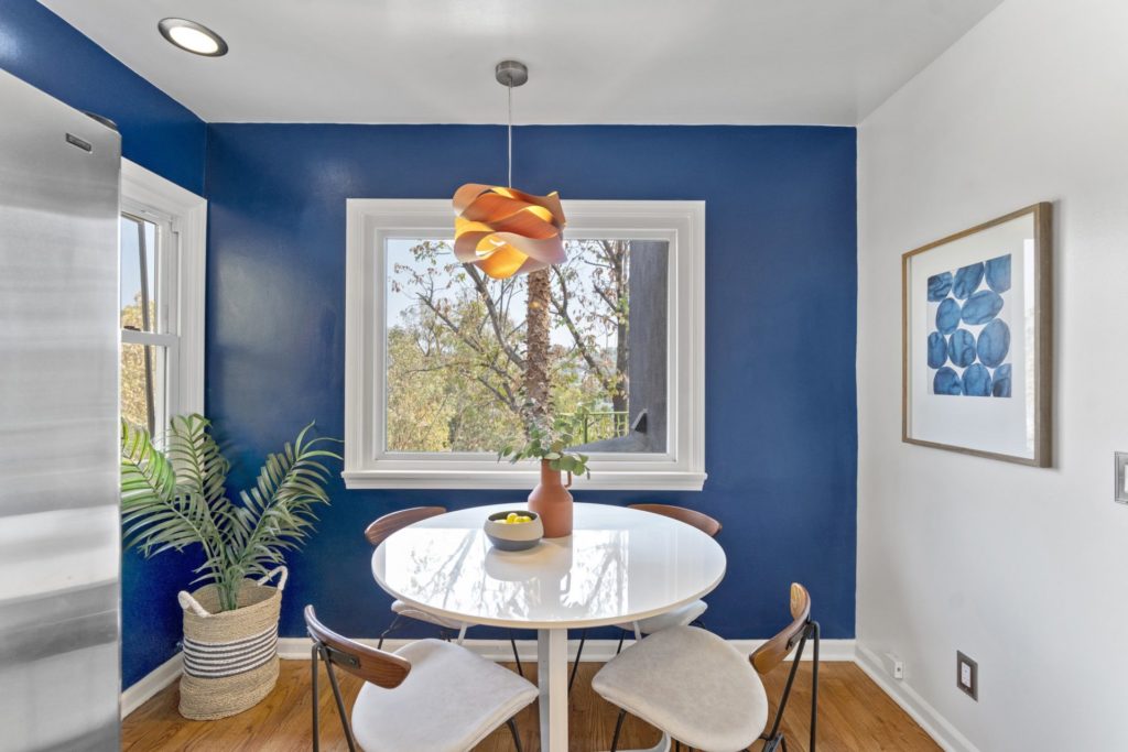 center table with blue walls