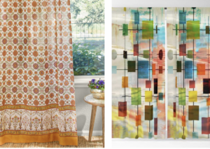 Persian Mediterranean floral curtain panel (left) And mid-century modern graffiti style blackout curtains (right)